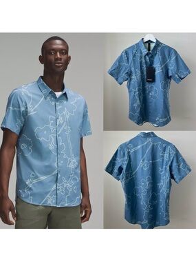 Men's Short-Sleeve Blue Floral-Outline Shirt